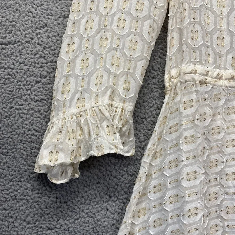 NEW Tory Burch Jasmine Metallic Ruffle Dress Silk Blend Ivory Tassel Tie Waist